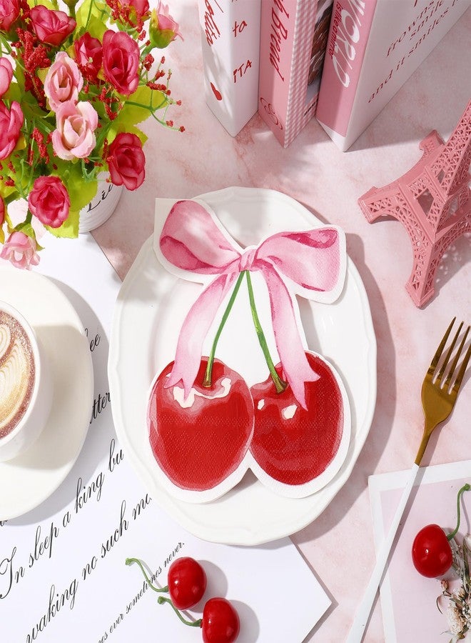 JarThenaAMCS مناديل جارثينا إيه إم سي إس، 100 قطعة، وردية اللون، مزينة بفيونكة وكرز، مناديل ورقية حمراء على شكل كرز، للاستخدام مرة واحدة، مناسبة للغداء والعشاء، مثالية لحفلات أعياد الميلاد. - Image 4